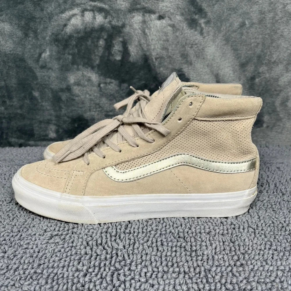 Vans Sk8-Hi Slim Beige Tan Suede Metallic Silver Stripe High Top Sneakers 8.0